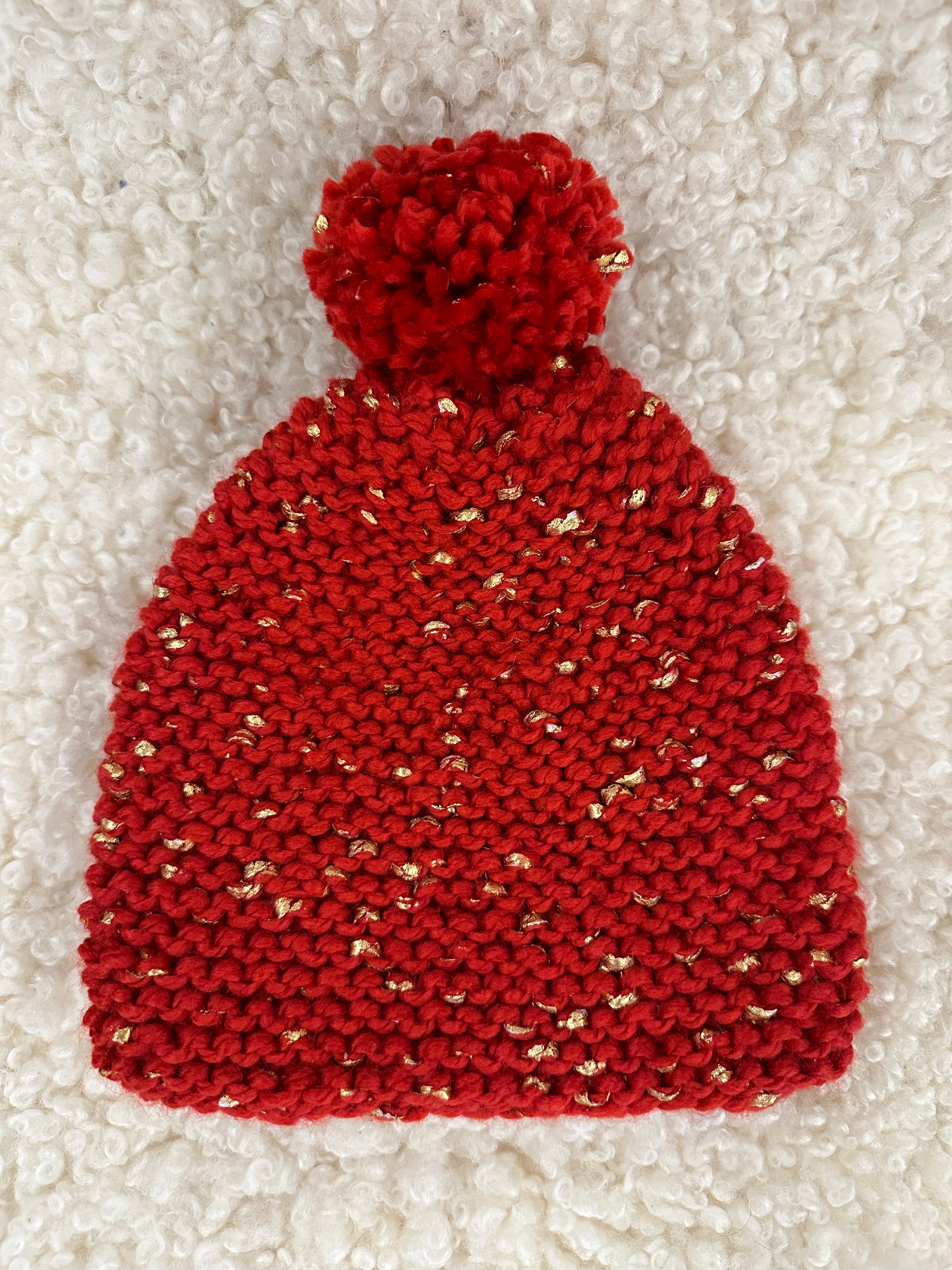 Adult Hand-knit Hat - red goldleaf