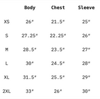 Size chart for clothing measurements including body, chest, and sleeve dimensions.