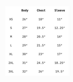 Size chart for clothing with measurements in inches
