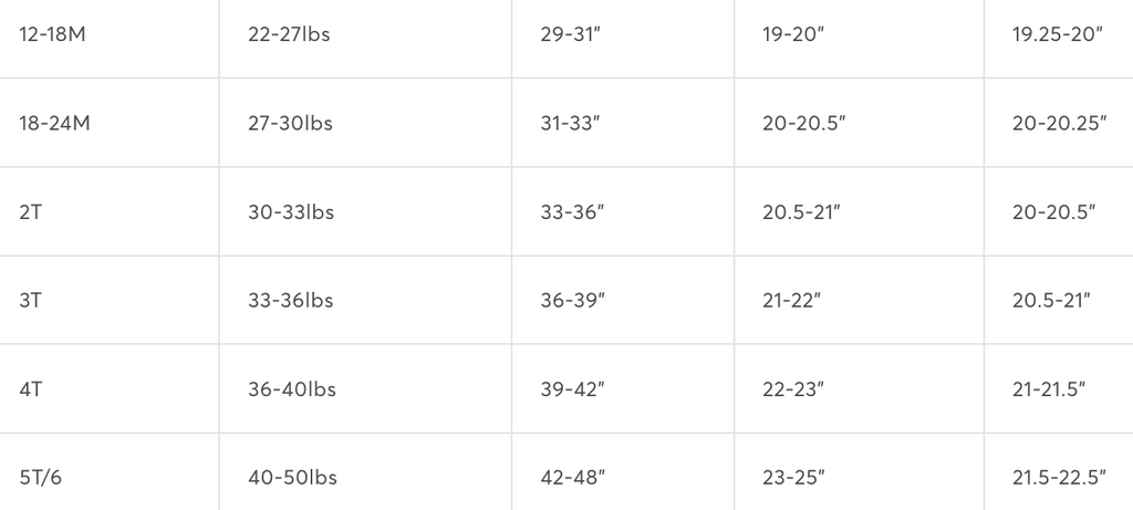 Measurement chart for clothing sizes with weight and height ranges.