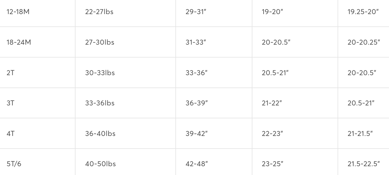 Measurement chart for clothing sizes with weight and height ranges.